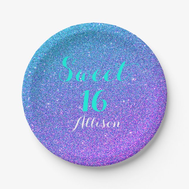 Sweet 16 Teal Purple Ombre Glitter Sparkling Paper Plates (Front)