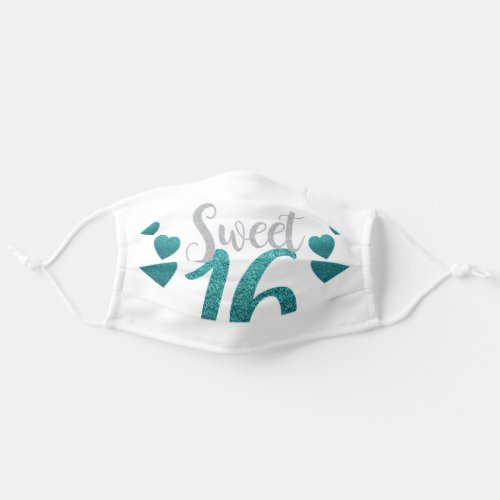 Sweet 16 Teal Silver Glitter Hearts Birthday Adult Cloth Face Mask