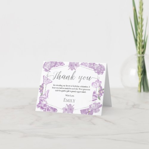 Sweet 16 Thank You Card Butterfly Lavender Floral