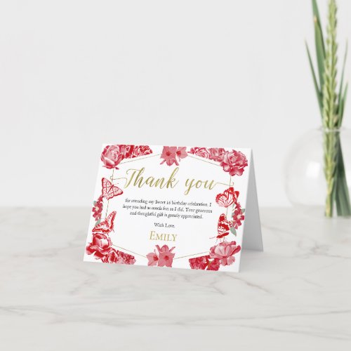 Sweet 16 Thank You Card Butterfly Red Floral Gold 