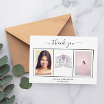 Sweet 16 thank you custom photo black white<br><div class="desc">An elegant, simple Sweet 16 Thank You card personalized with your own photo. Add 3 of Your birthday photos, vertical size, a date, name, and the thank you note. A chic white background with black text and a white frame. The text: Thank you on the front and your names on...</div>