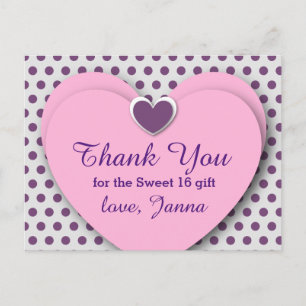 SWEET 16 Thank You Hearts Purple Polka Dots B07 Postcard
