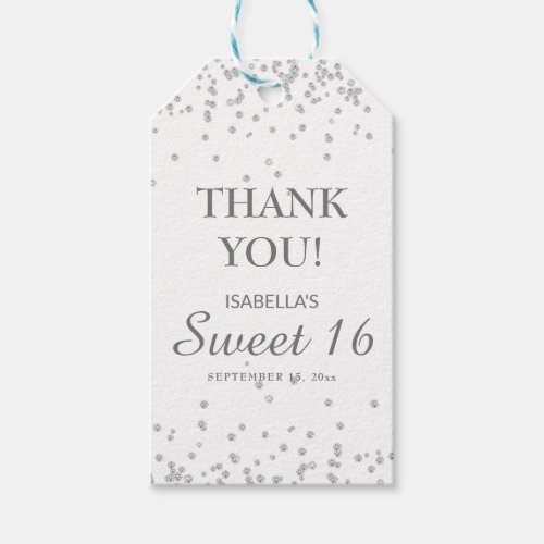 Sweet 16 Thank You White Silver Glitter Gift Tags