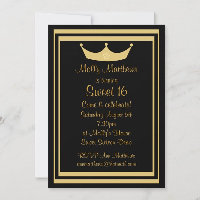 Sweet 16 Tiara Black & Gold Customizable Invitation (Front)