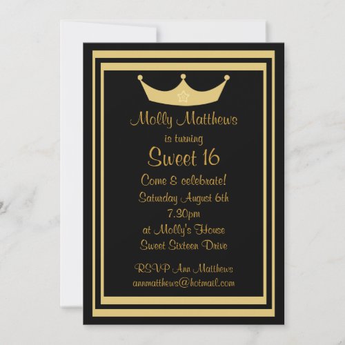 Sweet 16 Tiara Black &amp; Gold Customizable Custom Announcements