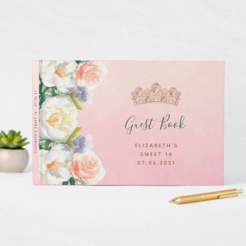 Sweet 16 tiara blush white gold tiara floral guest book