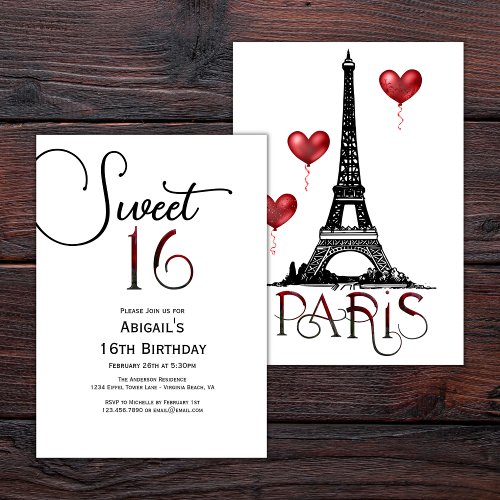 Sweet 16 Trendy Paris Eiffel Tower Red Balloons Invitation