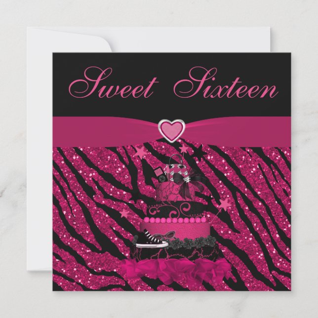 Sweet 16 Trendy Pink Cake & Zebra Stripes Invitation (Front)