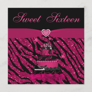 Sweet 16 Trendy Pink Cake & Zebra Stripes Invitation