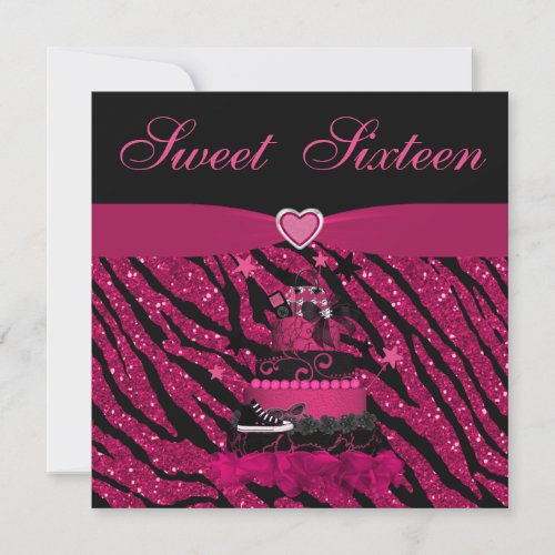 Sweet 16 Trendy Pink Cake  Zebra Stripes Invitation