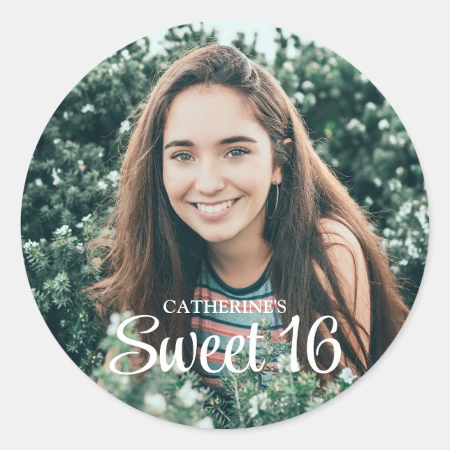 Sweet 16 Trendy Script Photo Thank You  Classic Round Sticker (Front)
