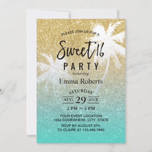 Sweet 16 Tropical Beach Palm Tree Modern Gold Invitation