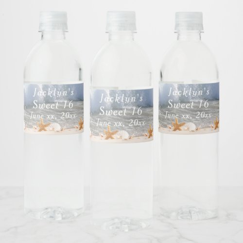  Sweet 16  Tropical Beach Seashells Waves  Water Bottle Label