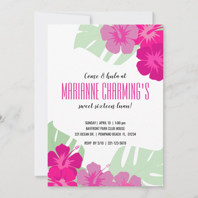 SWEET 16 tropical BIRTHDAY LUAU pink floral Invitation (Front)