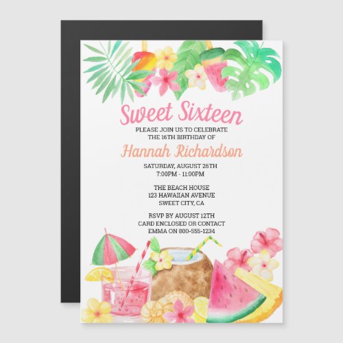 Sweet 16 Tropical Birthday Party Hawaiian Theme Magnetic Invitation