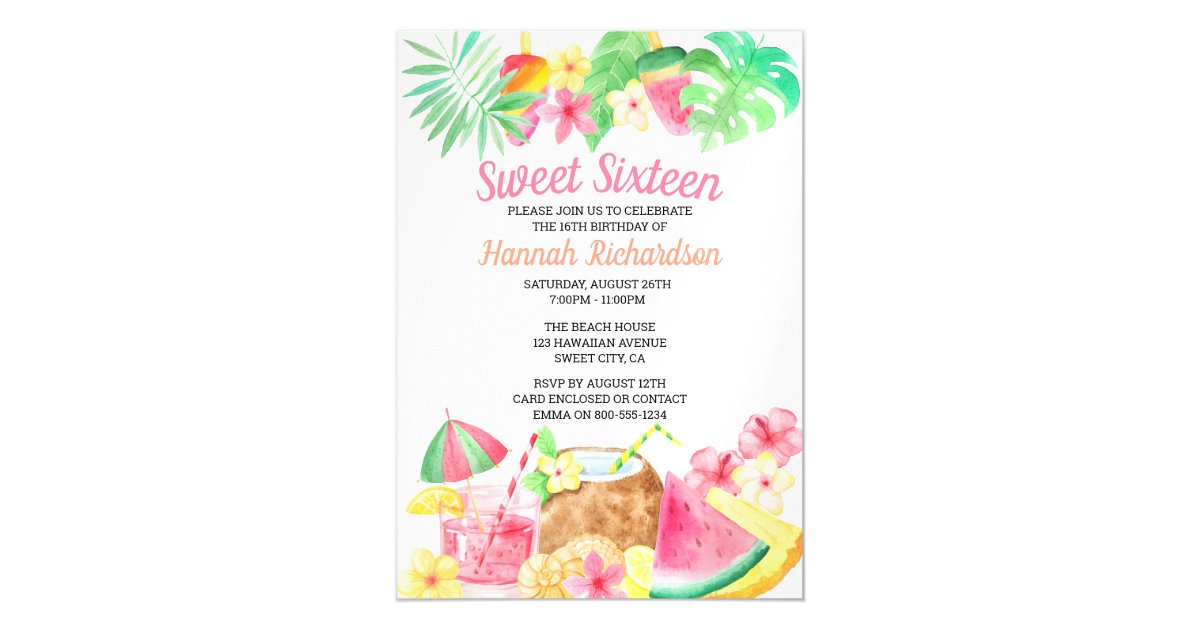 Sweet 16 Tropical Birthday Party Hawaiian Theme Magnetic Invitation ...