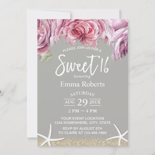 Sweet 16 Tropical Floral Palm Tree  Starfish Invitation