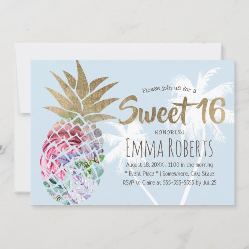 Sweet 16 Tropical Floral Pineapple  Palm Tree Invitation