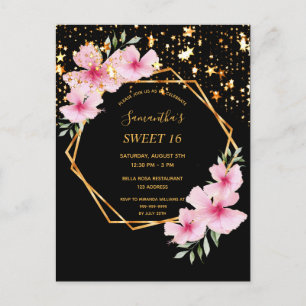 Sweet 16 tropical geometric black stars invitation postcard