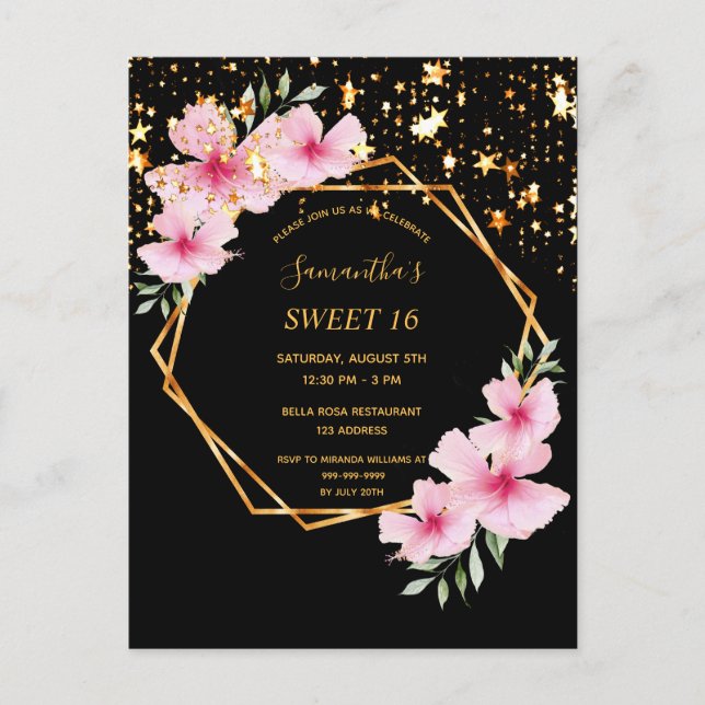 Sweet 16 tropical geometric black stars invitation postcard (Front)