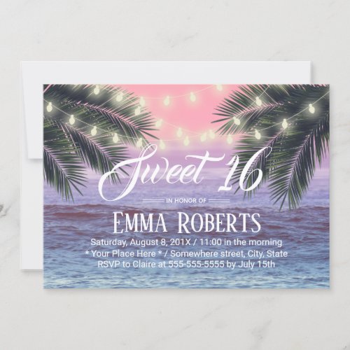 Sweet 16 Tropical Palm Tree Beach String Lights Invitation