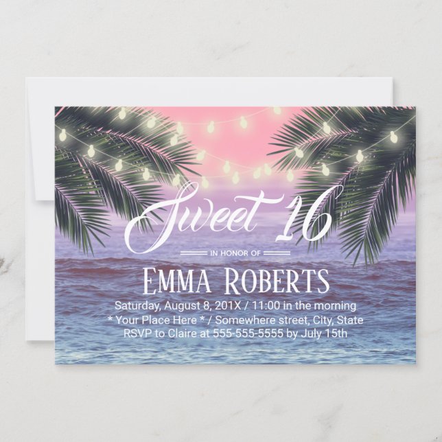Sweet 16 Tropical Palm Tree Beach String Lights Invitation (Front)