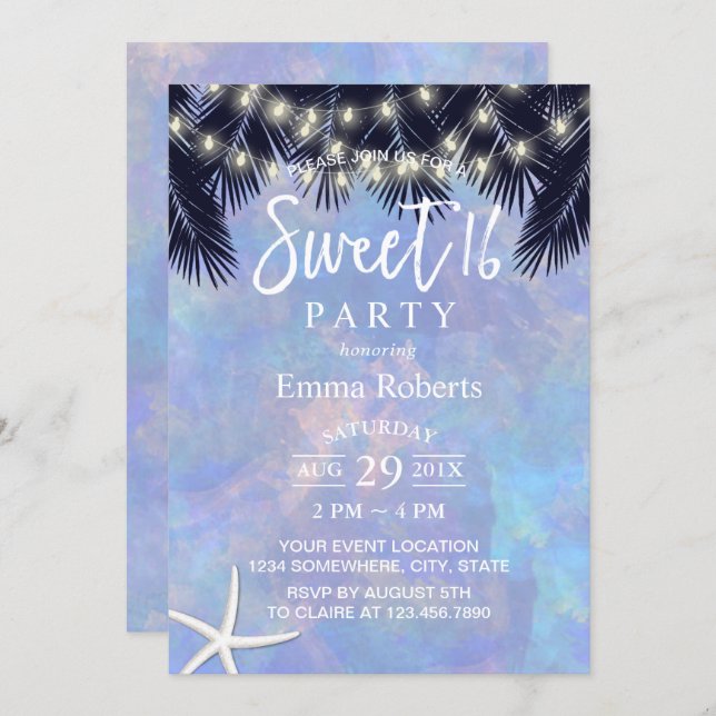 Sweet 16 Tropical Palm Tree Elegant Watercolor Invitation (Front/Back)