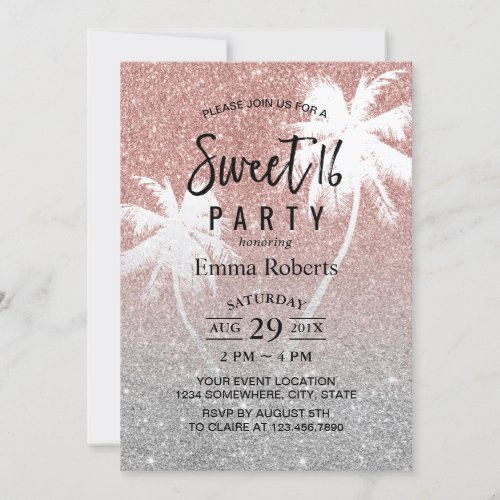 Sweet 16 Tropical Palm Tree Rose Gold Glitter Invitation