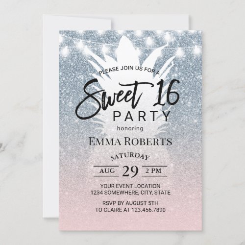 Sweet 16 Tropical Pineapple Blue  Pink Ombre Invitation