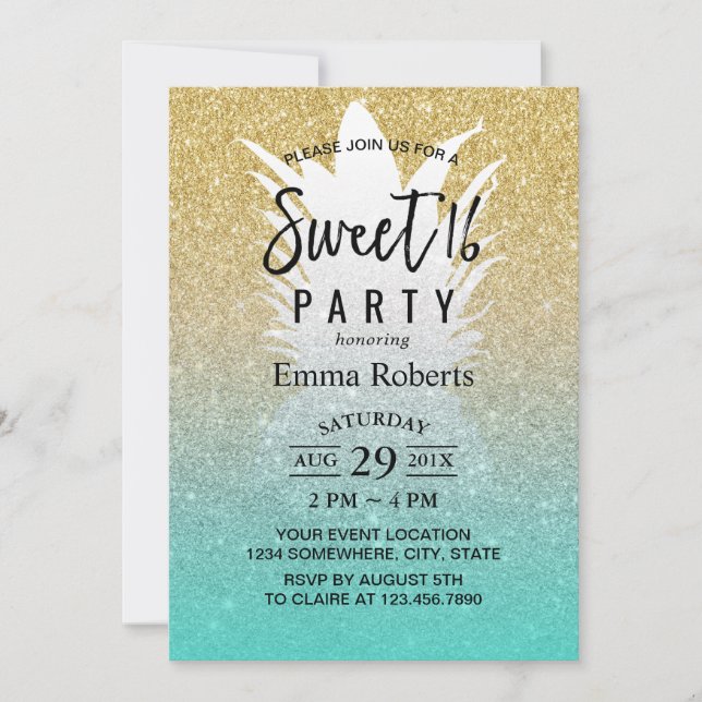 Sweet 16 Tropical Pineapple Modern Gold Glitter Invitation (Front)