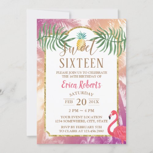 Sweet 16 Tropical Pineapple  Palm Trees Birthday Invitation