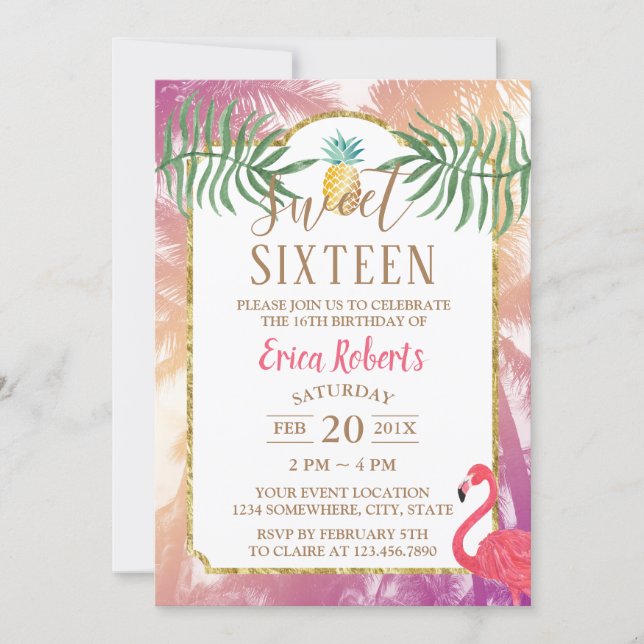 Sweet 16 Tropical Pineapple & Palm Trees Birthday Invitation (Front)