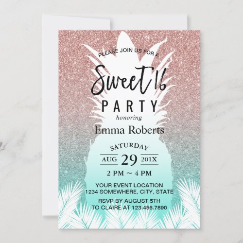 Sweet 16 Tropical Pineapple Rose Gold Glitter Invitation