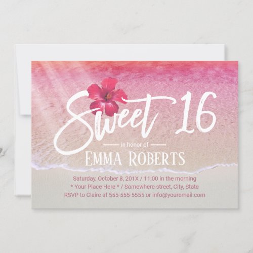 Sweet 16 Tropical Pink Beach Red Flower Invitation