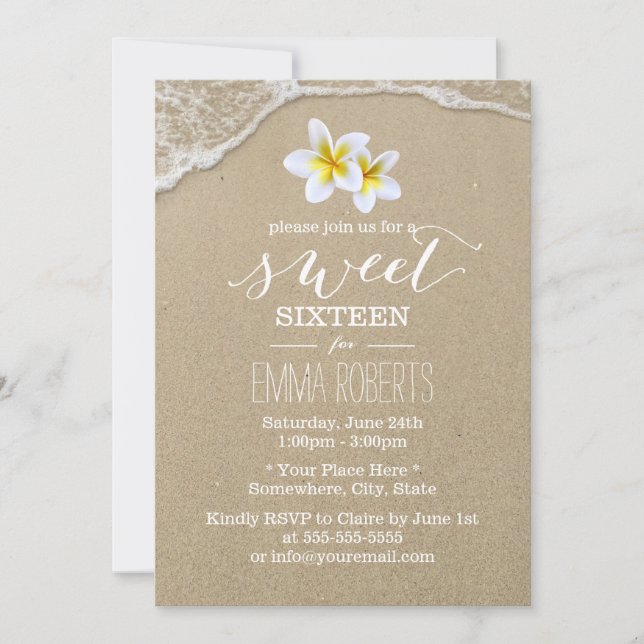 Sweet 16 Tropical Plumeria Beach Elegant Invitation (Front)