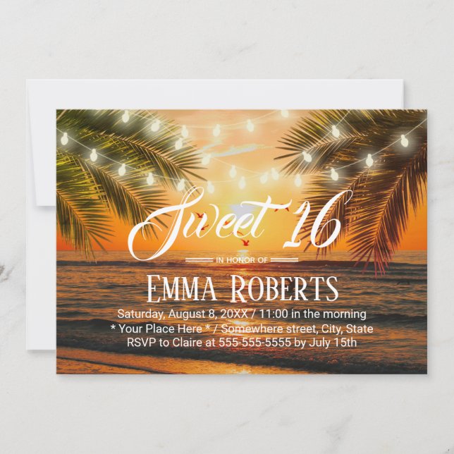Sweet 16 Tropical Sunset Beach String Lights Invitation (Front)