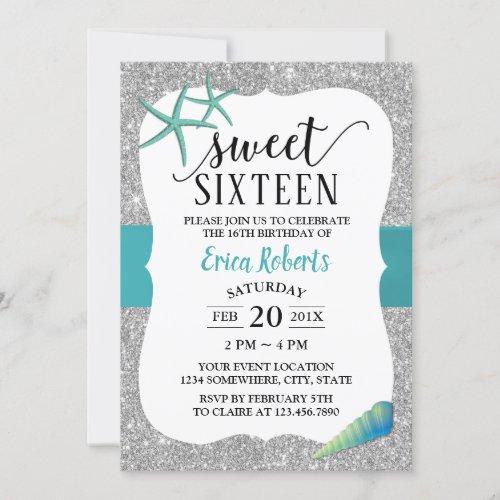 Sweet 16 Turquoise Beach Starfish Modern Silver Invitation