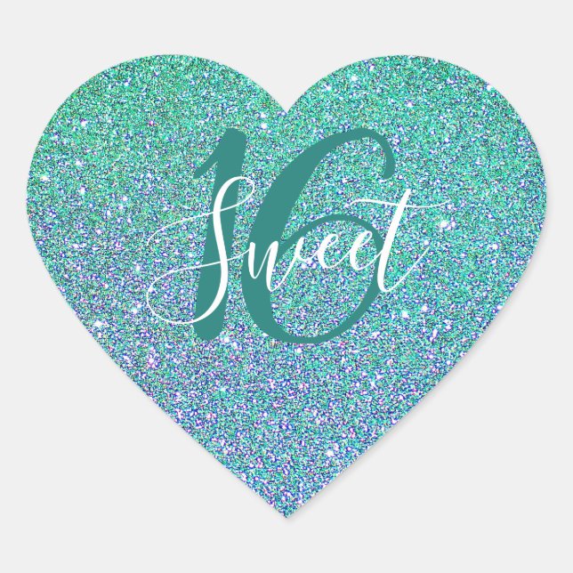 Sweet 16 Turquoise Blue Glitter Birthday Heart Sticker (Front)