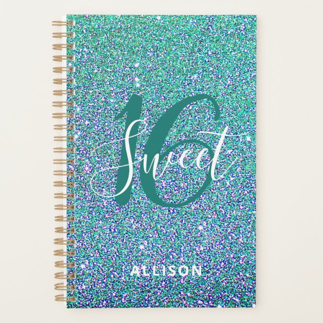 Sweet 16 Turquoise Blue Glitter Girl Personalized  Planner (Front)