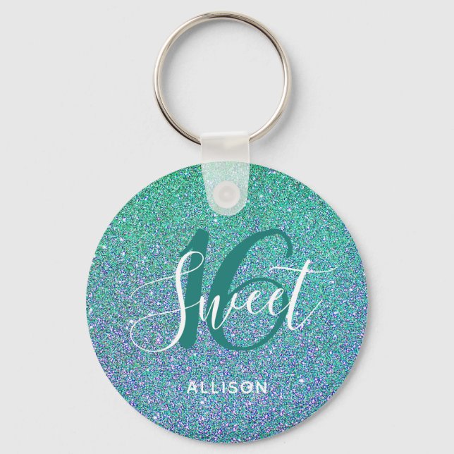Sweet 16 Turquoise Blue Glitter Personalized Keychain (Front)