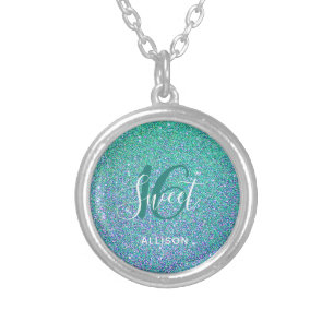 Sweet 16 Turquoise Blue Glitter Personalized Silver Plated Necklace