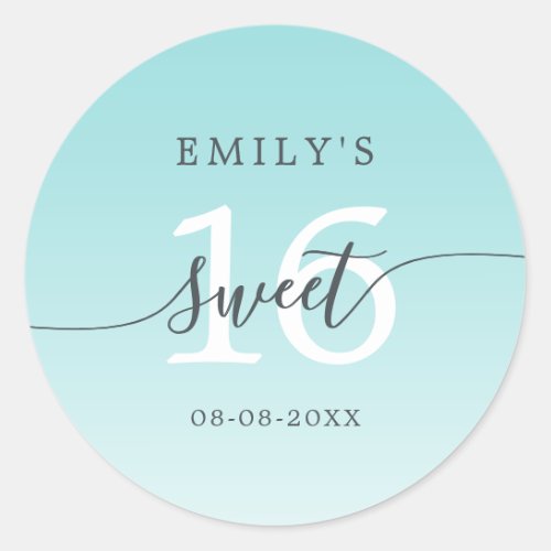 Sweet 16 Turquoise Blue Ombre Custom Name Date  Classic Round Sticker