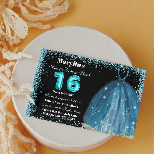 Sweet 16 Turquoise Glitter Foil Balloon Ballgown Invitation