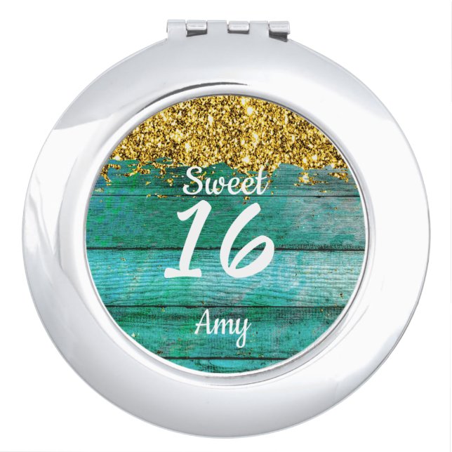 Sweet 16 Turquoise Green Gold Glitter Name Compact Mirror (Front)