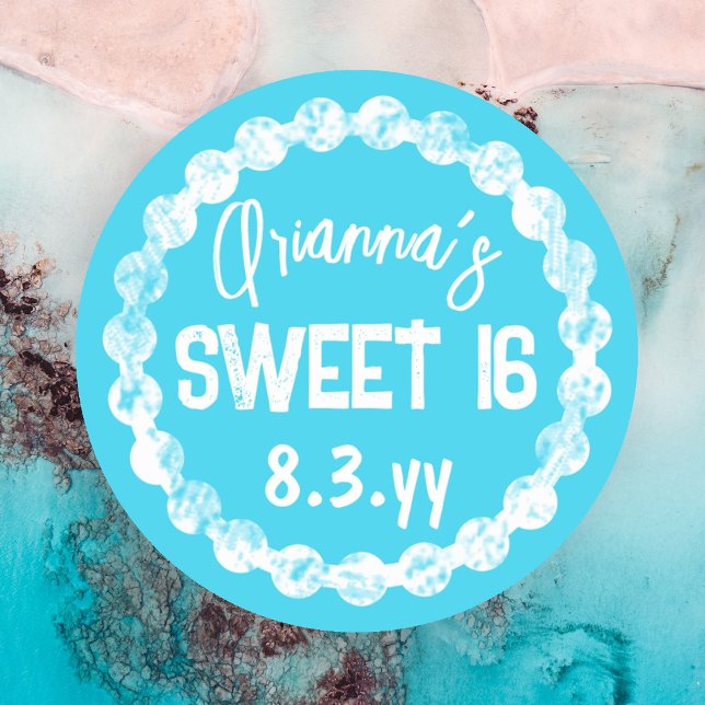 Sweet 16 Turquoise Party Favor Sticker (Turquoise white round border sweet 16 stickers, sweet sixteen party favor stickers )