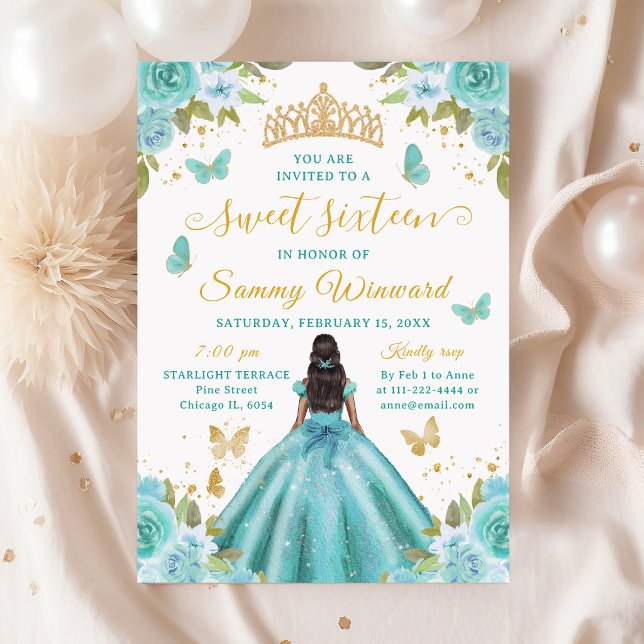 Sweet 16 Turquoise Princess African American Girl Invitation (Creator Uploaded)