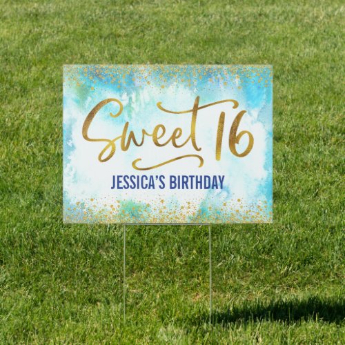 Sweet 16 Turquoise Watercolor Gold Girly Birthday Sign