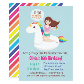 Sweet 16 Unicorn Pool Float Summer Birthday Party Card