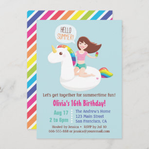 Sweet 16 Unicorn Pool Float Summer Birthday Party Invitation