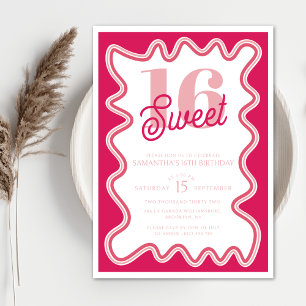 Sweet 16 Vibrant Pink Retro Wavy Sixteenth Invitation